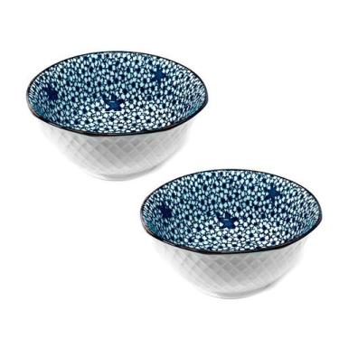 Imagem de Conjunto De Bowls Cerâmica Redondo 2 Peças Flores Azul E Branco 13cm -