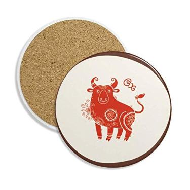 Imagem de Year Of Ox Animal China Zodíaco Caneca porta-copos vermelha Proteção de mesa Pedra absorvente