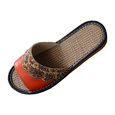 Imagem de Chinelos femininos de gravata borboleta estilo europeu veludo impresso linho chinelos de couro feminino primavera e verão casa interior sandálias de piso de madeira (laranja, 38)
