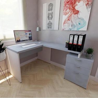 Imagem de Mesa Auxiliar com Gaveteiro Pedestal Pasta Suspensa e 2 Gavetas Natus Bramov Móveis Branco/cinza