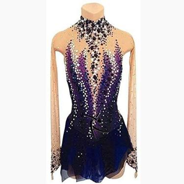 Imagem de Vestido De Patinação Artística Roxo Feminino Menina Competição Manga Comprida Vestido De Patinação Feito À Mão Vestidos De Diamante Brilhante,Roxo,XXG,YUYANAIAI