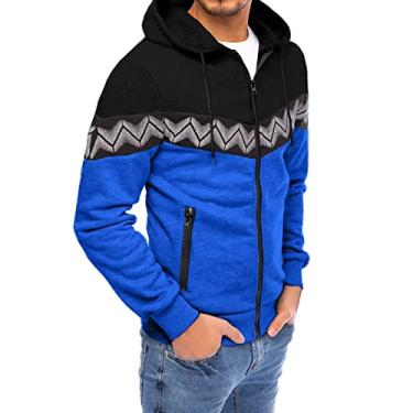 Imagem de Moletom masculino de inverno jaqueta masculina quente macia casaco de bolinhas três curvas zíper patchwork jaqueta com capuz, Azul, G