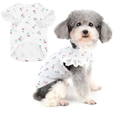 Imagem de Ranphy Camisetas de verão de algodão macio para cães pequenos e meninas, colete respirável para filhotes, roupas fofas com estampa de cereja, roupas para animais de estimação, babados, camisa de manga