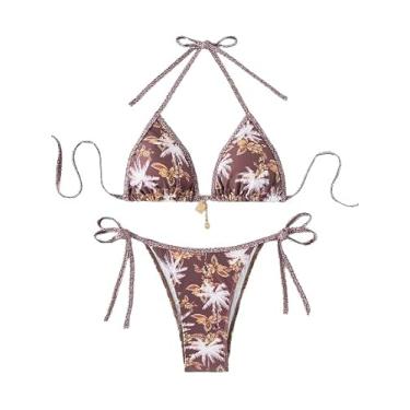 Imagem de SOLY HUX Conjunto de biquíni feminino de cintura alta de 2 peças, biquíni sexy amarrado lateral frente única triângulo, Marrom floral, G