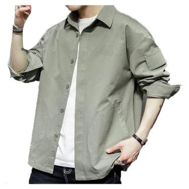 Imagem de Camisa masculina de lazer, estampa xadrez, cores combinando, manga comprida, ombro caído, botão, Verde, 4G