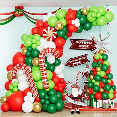 Imagem de Christmas Balloon Garland Arch Kit with Red Dark Green White Gold Lime Green Balloon Candy Balloon Cane Balloon Silver Siamese Exploding Star Balloon for Christmas Party Decorations