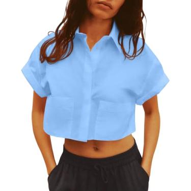 Imagem de Tankaneo Camisetas femininas de botão cropped de manga curta com bolsos, Azul, P