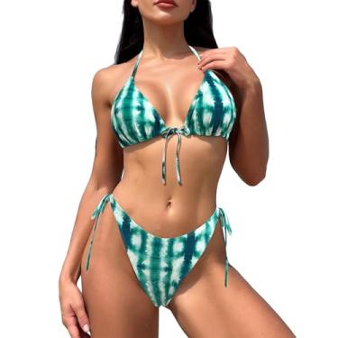 Imagem de Biquíni feminino de duas peças, roupa de banho sexy, sem mangas, frente única, sutiã de cintura baixa, tanga, Listra tie dye verde, M