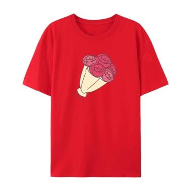 Imagem de Camiseta com estampa floral masculina e feminina rosa divertida para amigos amor, Vermelho, 3G
