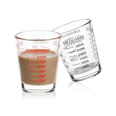 Imagem de Conjunto de copos medidores de copos de shot, pacote com 2 copos de café expresso, vidro pesado líquido, 26 medições incrementais, 28 ml, 6 colheres de chá, utensílios de cozinha de 30 ml (vermelho e