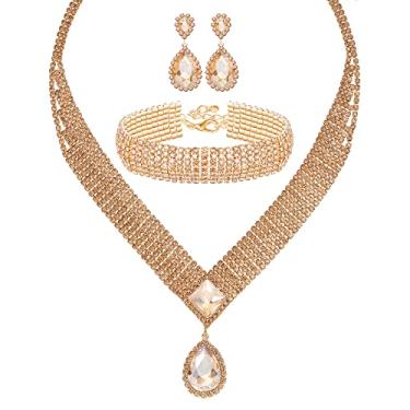 Imagem de M MIRACULOUS GARDEN - Conjunto de Joias Femininas com Strass - Tiara, Coroa, Colar, Pulseira, Pulseira Cristal Lágrima, Brincos Pendentes e Bolsa de Strass - Para Festa de Casamento - Metal, Cristal