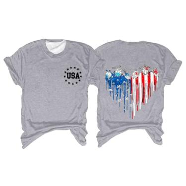 Imagem de Camiseta feminina bandeira americana 4th of July Shirts Stars Stripes Heart Graphic Túnica manga curta camiseta patriótica, Cinza, G