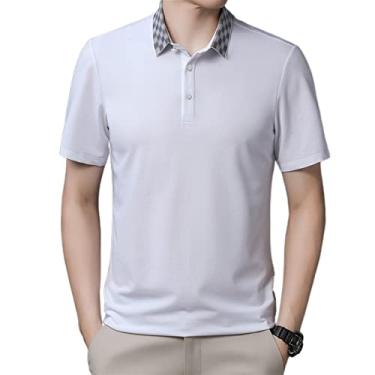 Imagem de Polos masculinos de poliéster cor sólida camisa esportiva slim-fit leve manga curta absorção de umidade estiramento seco esporte moda(Color:White,Size:XXL)