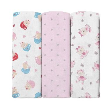 Imagem de CUEIRO FLANELADO BUBLIM BABY 3 UNIDADES 100% ALGODÃO ESTAMPAS 60CM x 80CM