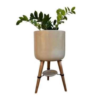 Imagem de Vaso Cilindro para Plantas 33cm com Tripé de Madeira e Prato (Bege)