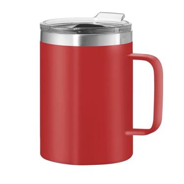 Imagem de OGGI Caneca térmica ThermoMug de aço inoxidável - parede dupla isolada a vácuo com alça e tampa, xícara de café, caneca de acampamento, garrafa térmica de viagem, 420 ml, vermelha