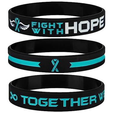 Imagem de JOLLYINSPIRE Get Well Soon Gifts Pulseiras de fita de conscientização azul-petróleo com citação motivacional - Fight With Hope, Together We Fight, Cancer & Cause Pulseiras para homens, mulheres,