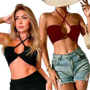 Imagem de Kit 2 Tops Faixa Cropped Feminino Amarração Casual Multiuso Festa - Hy
