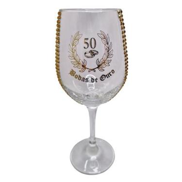 Imagem de Taça Vidro Bodas de Ouro 50 Anos Luxo Casal Vinho - META ATACADO