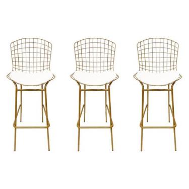 Imagem de Kit 3 Banquetas BERTÓIA dourado fosco assento branco tubular altura 70
