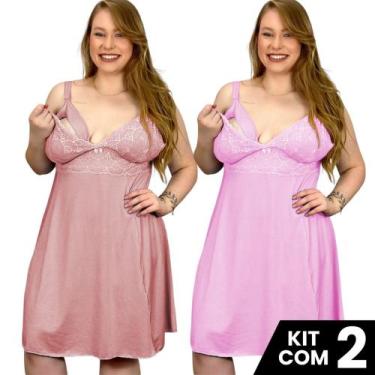 Imagem de Kit 2 Camisolas  Plus Size  Amamentação Renda Pós Parto Lisa Maternida