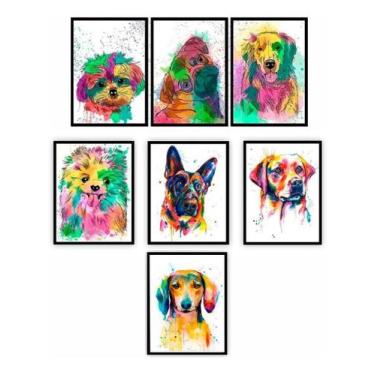 Imagem de Kit 7 Quadros Cachorro Coloridos Aquarela Decoração 20X30Cm - Plimshop
