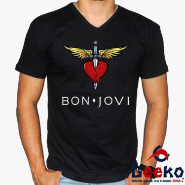 Imagem de Camiseta Bon Jovi 100% Algodão Rock Geeko, Preto gola v, P