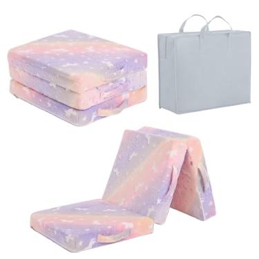Imagem de Tiita Colchão de chão com três dobras para crianças, que brilha no escuro com capa removível, tapete de cochilo para cama infantil com bolsa de armazenamento, médio, 119 x 56 cm, rosa Pegasus
