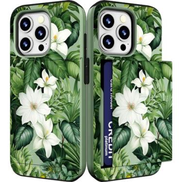 Imagem de IWONE Capa compatível com iPhone 15 Promax fofa com porta-cartões Slim Slot Phone 15 Pro Max Capa carteira para mulheres/folhas tropicais verdes flores plantas selva exótica