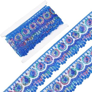 Imagem de GORGECRAFT 5 jardas azul étnico bordado renda guarnição 6,5 cm brilhante floral lantejoulas brilhantes sol paillette fitas de poliéster tecido com bobinas de linha, cartões brancos para aplicação de