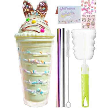 Imagem de seelucky Copo de viagem de unicórnio com canudo e chocolate, copo para beber gelo, leite, café, caneca de plástico para piquenique, festa, presente de aniversário (coelho de sorvete amarelo 8, 450 ml)