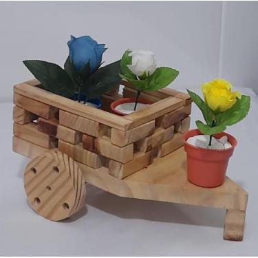 Imagem de Cachepot de Madeira Carrinho Envernizado Decorativo de Mesa 17 cm de C
