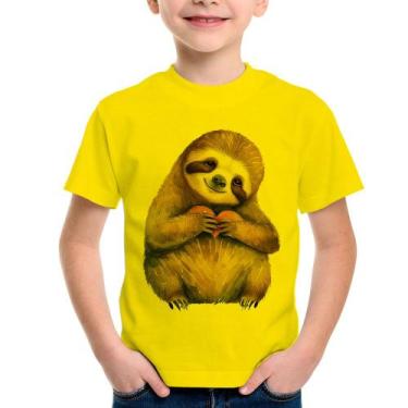 Imagem de Camiseta Infantil Bicho Preguiça Coração - Foca na Moda, Amarelo, 6