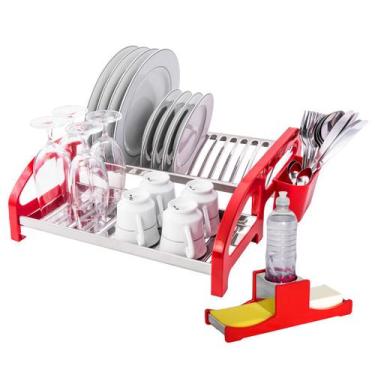 Imagem de Escorredor Inox 16 pratos Cama Vermelho + Porta Sabão - DOMUM