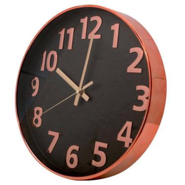 Imagem de Relógio de Parede Analógico Rosê Metalizado Fundo Preto Luxo 30cm - Yangzi