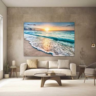 Imagem de Quadros Decorativos para Quarto Sala 40x60 Ondas Praia Mar Por do Sol Paisagem Grande Escritório Hall