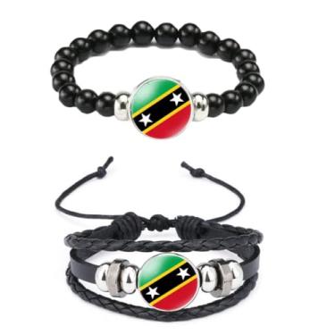 Imagem de Ykonuyis Pulseira de corda elástica de metal com contas pretas e pulseira de corda trançada de couro de liga para homens e mulheres apoia o seu país, Medium, Zinco, Vidro