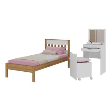Imagem de Cama de Solteiro para Colchão 88 x 188 cm com Penteadeira 54cm e Puff Multimóveis Cr40121 Amêndoa/branco
