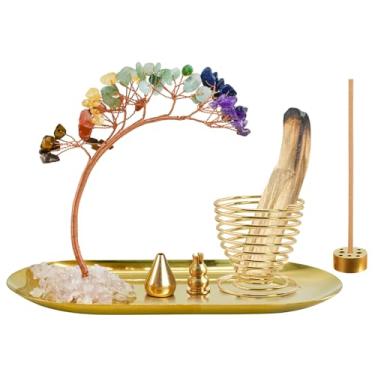 Imagem de MrMrKura Queimador de incenso 5 em 1, suporte de incenso de árvore de cristal de 7 chakras, palo santo, queimador de sálvia para varas de incenso, apanhador de cinzas de latão para meditação de ioga,