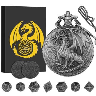 Imagem de Mini DND Dice Set with Steampunk Dragon Pocket Watch Case, Tiny 7-Piece Polyhedral Metal D&D Dice, DND Gifts with Gift Box for DND Lovers, Role Playing Game Board Game Accessories Dice, Dark Silver