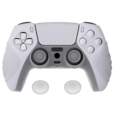 Imagem de eXtremeRate PlayVital Guardian Edition Capa de silicone para controle antiderrapante e ergonômica, branca transparente para ps5, capas protetoras de borracha com tampas de joystick brancas