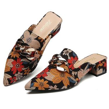 Imagem de Tilocow Mules com decoração de corrente de metal, saltos altos para mulheres, sandálias de salto grosso, chinelos fechados, para mulheres, mules sem costas, florais 8