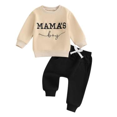 Imagem de FOCUSNORM Conjunto de 2 peças de roupas de inverno para bebês meninos e meninos da mamãe bordado com letras bordadas, blusa e calça elástica, Caqui, 3-4 Anos