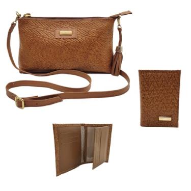Imagem de Kit Bolsa Feminina Transversal Couro Porta Documentos Couro Premium (Café Palha)