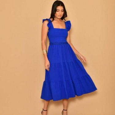 Imagem de Vestido midi luxo duna lisa com babada na manga e renda na cintura 001