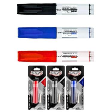 Imagem de Kit 3 Pincel Marcador Quadro Branco Recarregável + 3 Refil Pincel Marcador Quadro Branco Brw