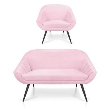 Imagem de Kit 01 Namoradeira 02 Lugares e 01 Poltrona Giovana Suede Rosa Bebê de