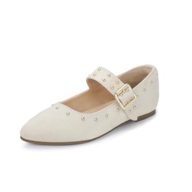 Imagem de PANDANINJIA Sapatos sociais femininos Mary Jane Sapatilhas de balé cravejadas para meninas, bico fino, criança pequena, grande, florista, festa formal, sapatos de casamento, Bege, 12 Little Kid