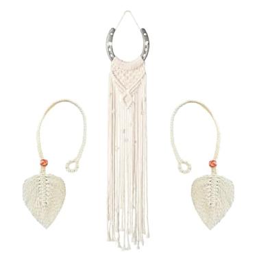 Imagem de Tapeçaria de parede de macramê, decoração de parede temática equestre feita à mão, decoração de parede de macramê em ferradura, decoração boho para amantes de cavalos (pacote com 3)