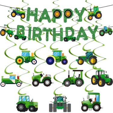 Imagem de Peconal Faixa de feliz aniversário de trator verde e redemoinhos pendurados - Suprimentos de festa de aniversário de trator agrícola para meninos e meninas - 30 cm x 179 cm - Resistente ao